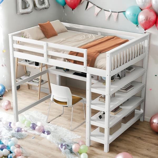 slide 2 of 9, Full Size Loft Bed With Storage Shelves And Under-bed Desk for Home White