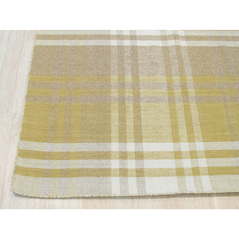 Yellow Handmade Wool Transitional Plaid Rug, 12' x 15', Bright Cozy Statement Piece - L