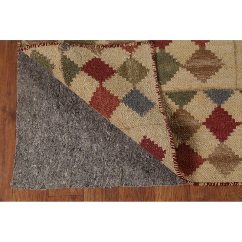 Geometric Kilim Oriental Area Rug Flatweave Beige / Ivory Wool Carpet - 7'8"x 10'0"