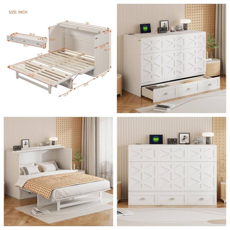 Full Size Wood Murphy Bed with Drawer,USB Port and Three-Prong Outlets