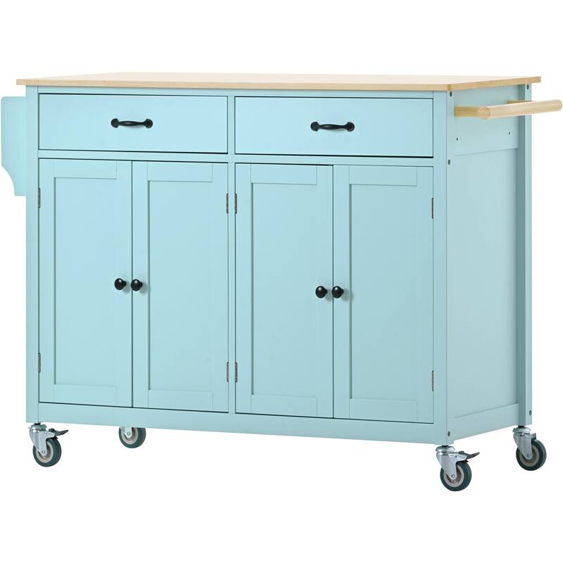 Kitchen Island Cart with Solid Wood Top and Locking Wheels, 4 Door Closed Kitchen Cabinet with Drawers and Storage Rack, Green