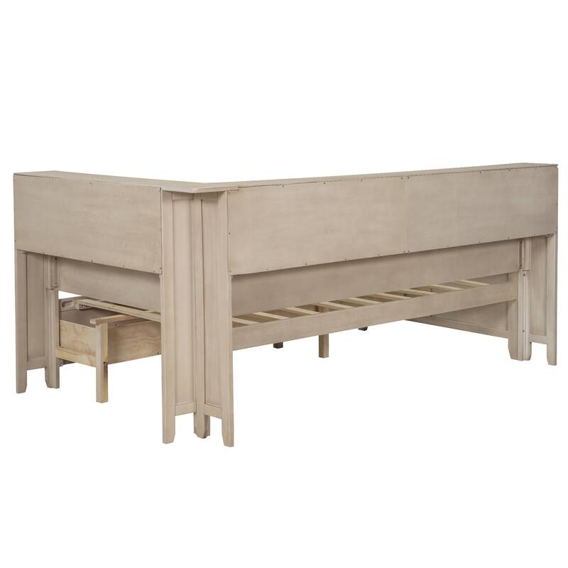L-shaped Platform Bed Wood Daybed Frame with Side Storage Shelves and 2 Sliding Doors, 3 Drawers Under Bed, Antique White