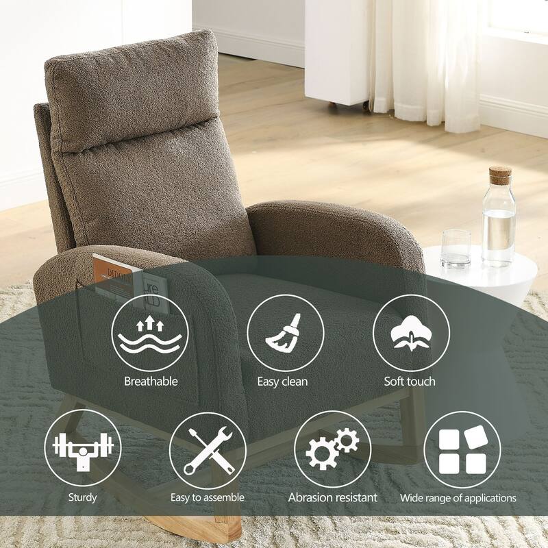 High Backrest Rocking Chair with Rubber Wood Base and Two Side Pocket