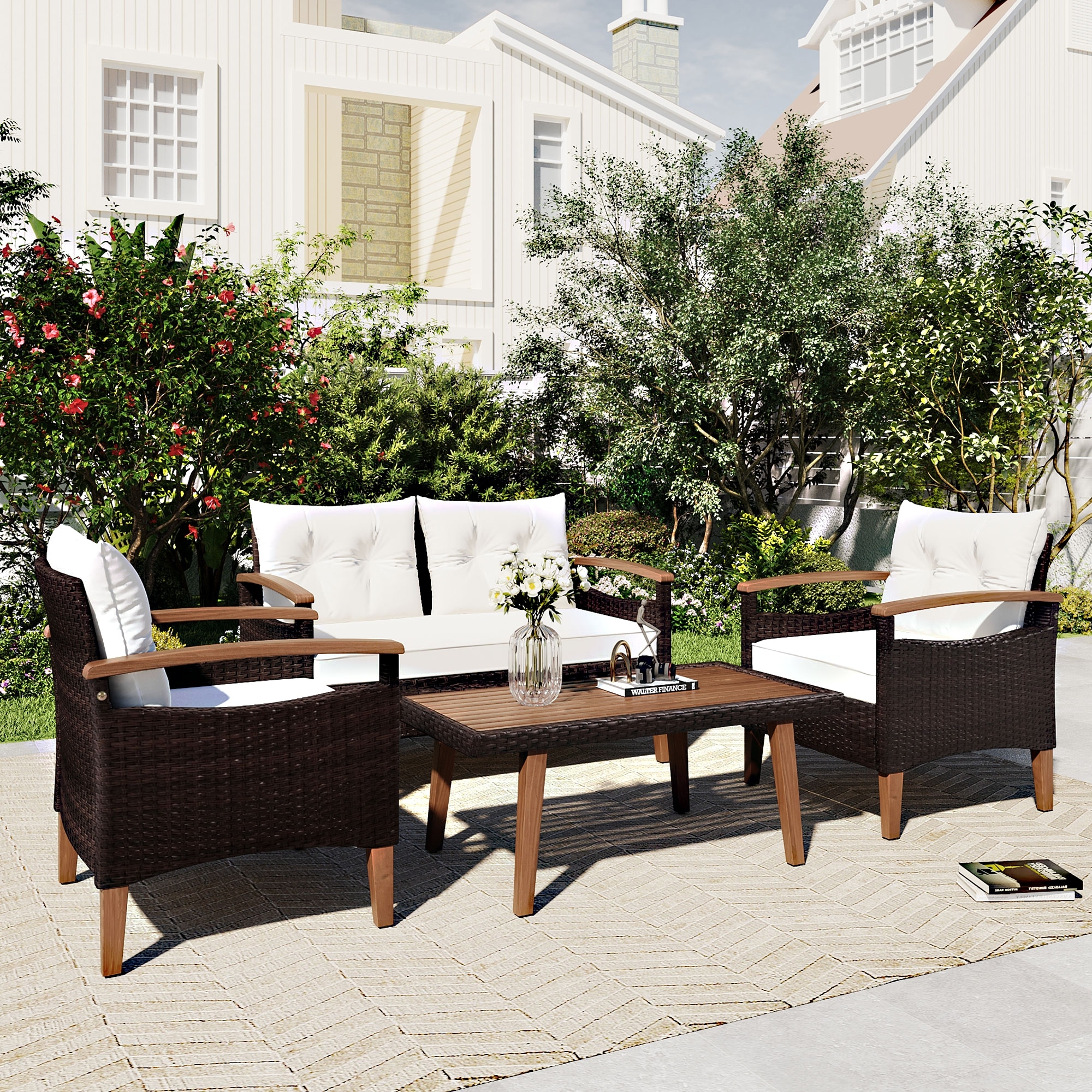 4-Piece Outdoor Wicker Sofa Set with Table - All-Weather PE Rattan & Acacia Wood, Waterproof Cushions, Table Cover