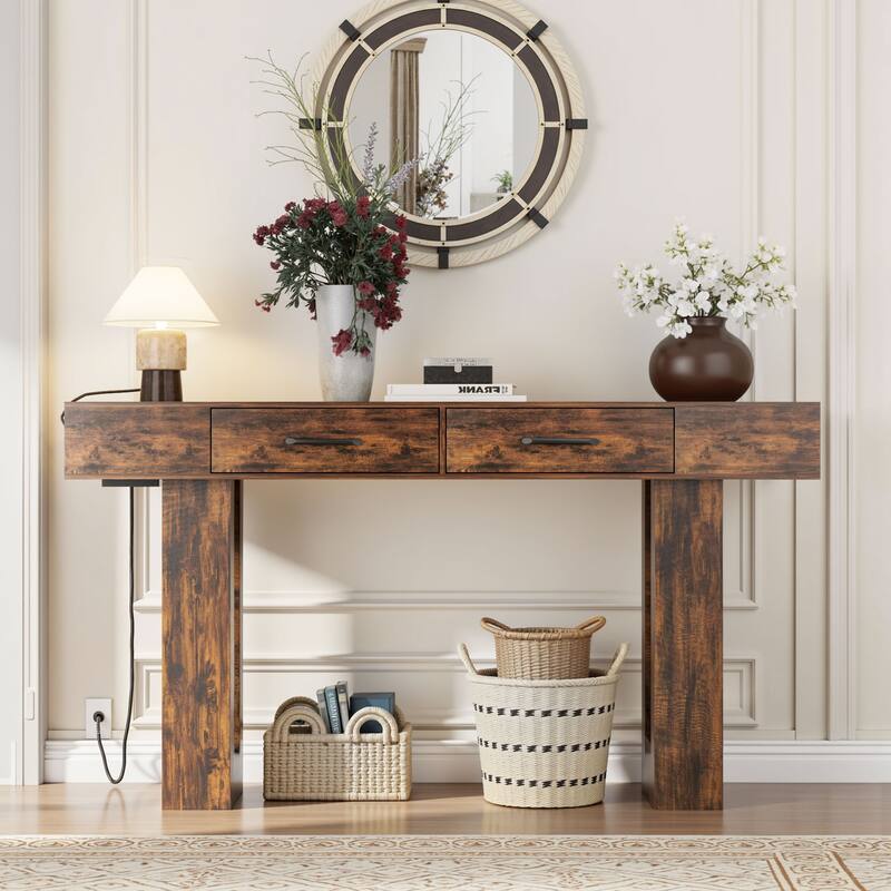 Anmytek Farmhouse Console Table,Wooden Rectangular Sofa Table Behind Couch for Entrance