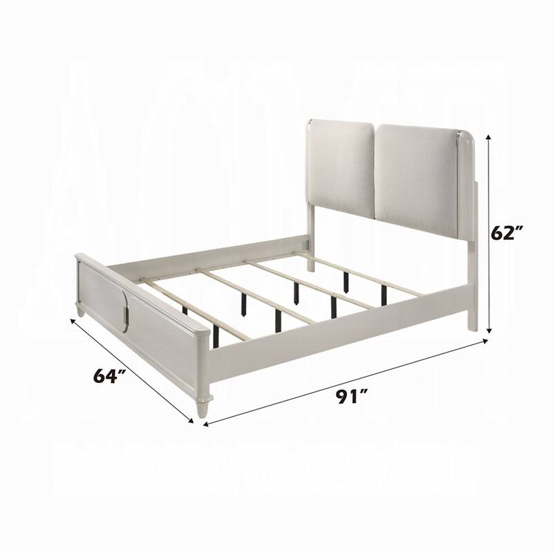 Veda Queen Size Bed with LED, Pearl White, Gray Boucle Upholstered
