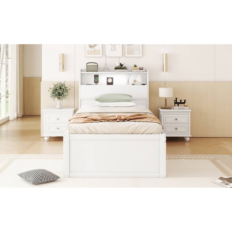 Roomfitters Twin Platform Bed with Trundle, LED Headboard Storage, USB Ports and Under-Bed Bins, No Box Spring, White