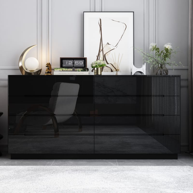 Wood 8 Drawer Double Bedroom Dresser in White High Gloss With Light