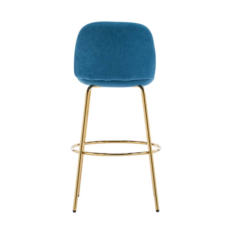 Rio Claro Indoor Metal Upholstered Barstool, Gold Finished Frame and Blue Upholstery, Set of 2