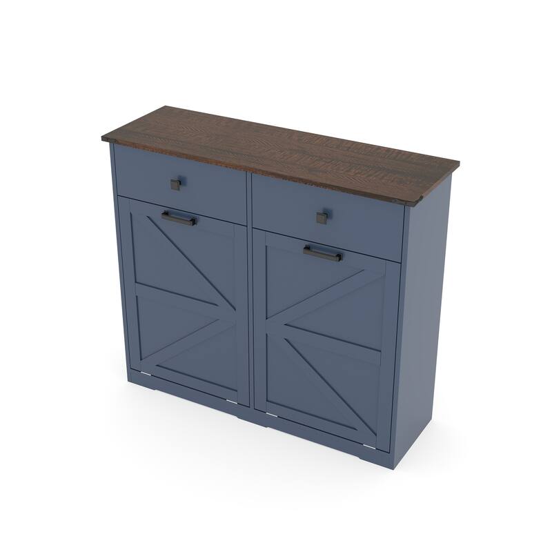 Farmhouse Double Tilt Out Trash Cabinet, Free Standing Recycling Cabinet with Hideaway Drawer, Barn Door Laundry Sorter Cabinet