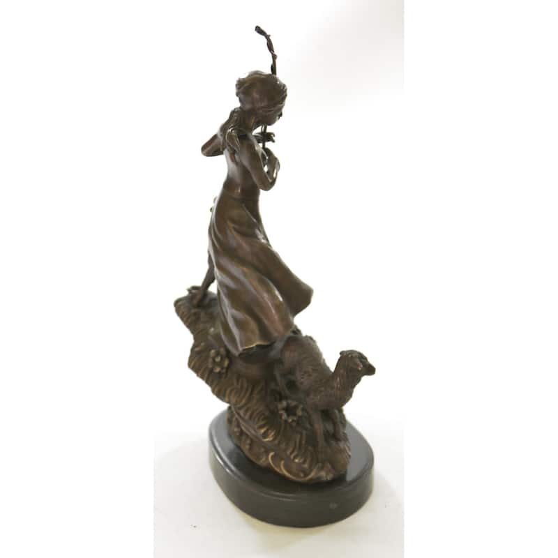 Art Deco Sculpture Shepherd Girl Woman With 2 Sheep Bronze Statue Figurine Sale