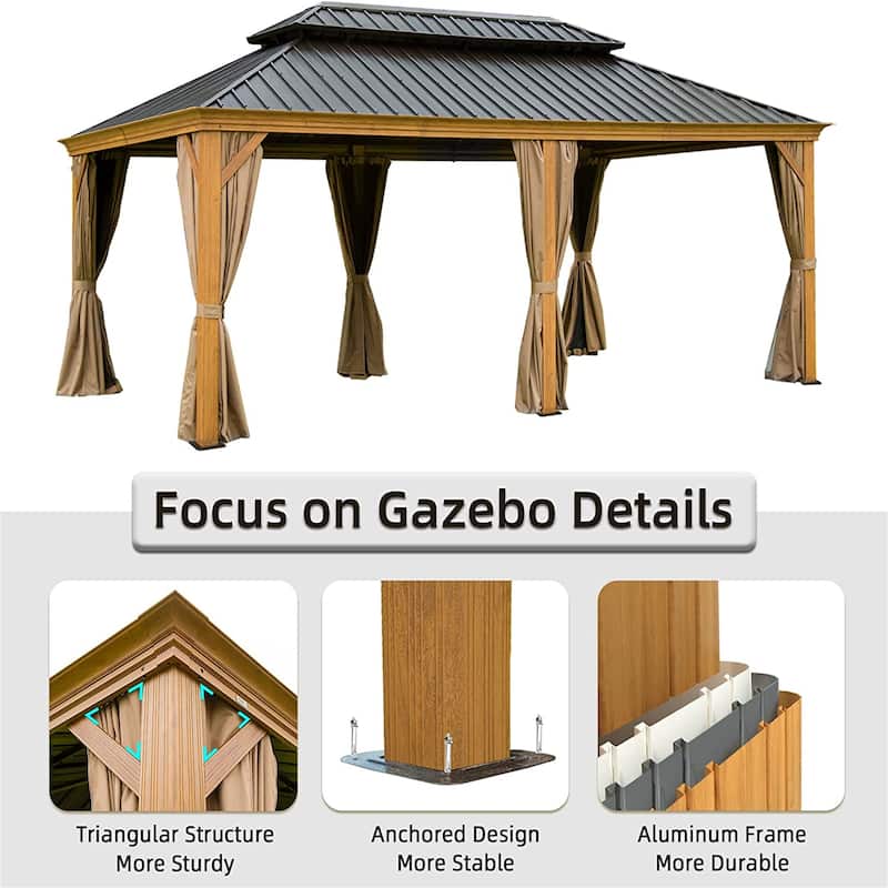 GDFStudio - Terry Outdoor 12'x18' Hardtop Gazebo with Galvanized Steel Double Roof and Wood-Looking Aluminum Frame