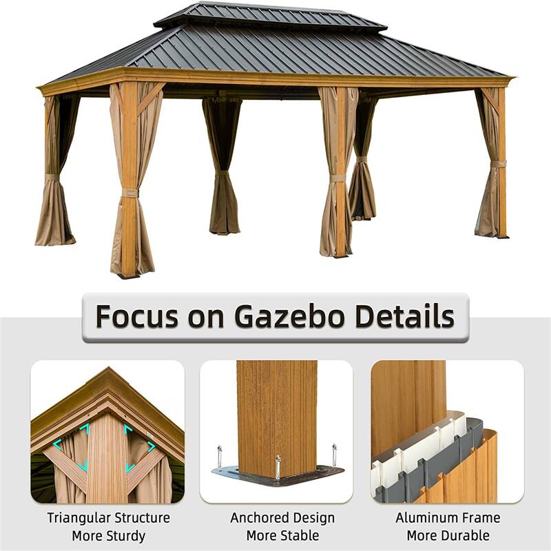 GDFStudio - Terry Outdoor Aluminum Hardtop Gazebo with Galvanized Steel Double Roof, Curtains & Netting