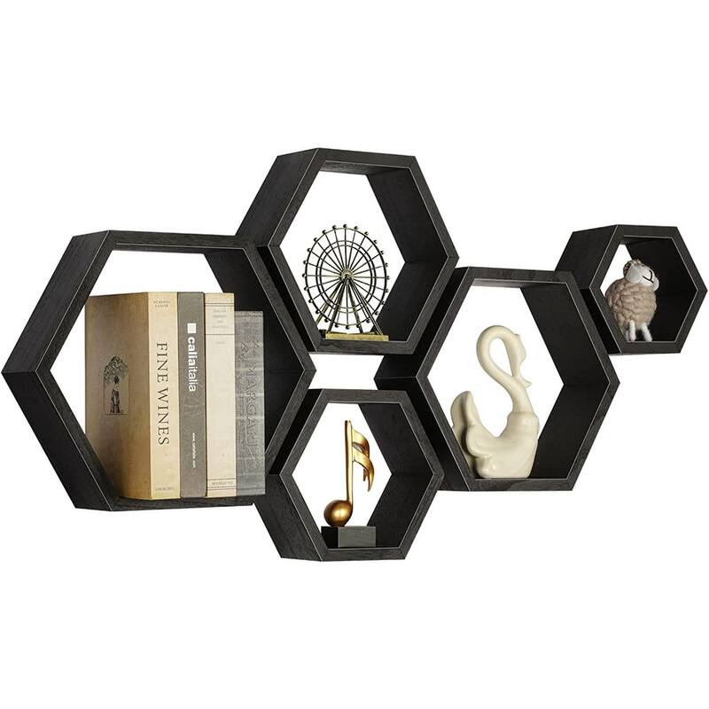 Wall Mounted Hexagon Floating Shelves - 5 PCS - Black