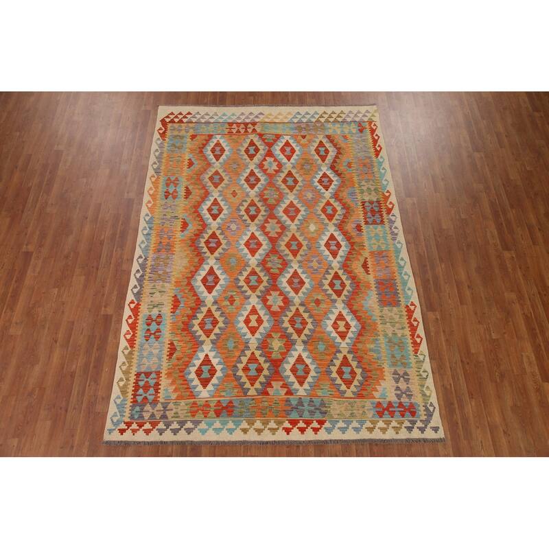 Hand Woven Oriental 100% Wool Carpet Southwestern All-Over Oranges & Rust Kilim Area Rug - 9' 5'' X 6' 7''
