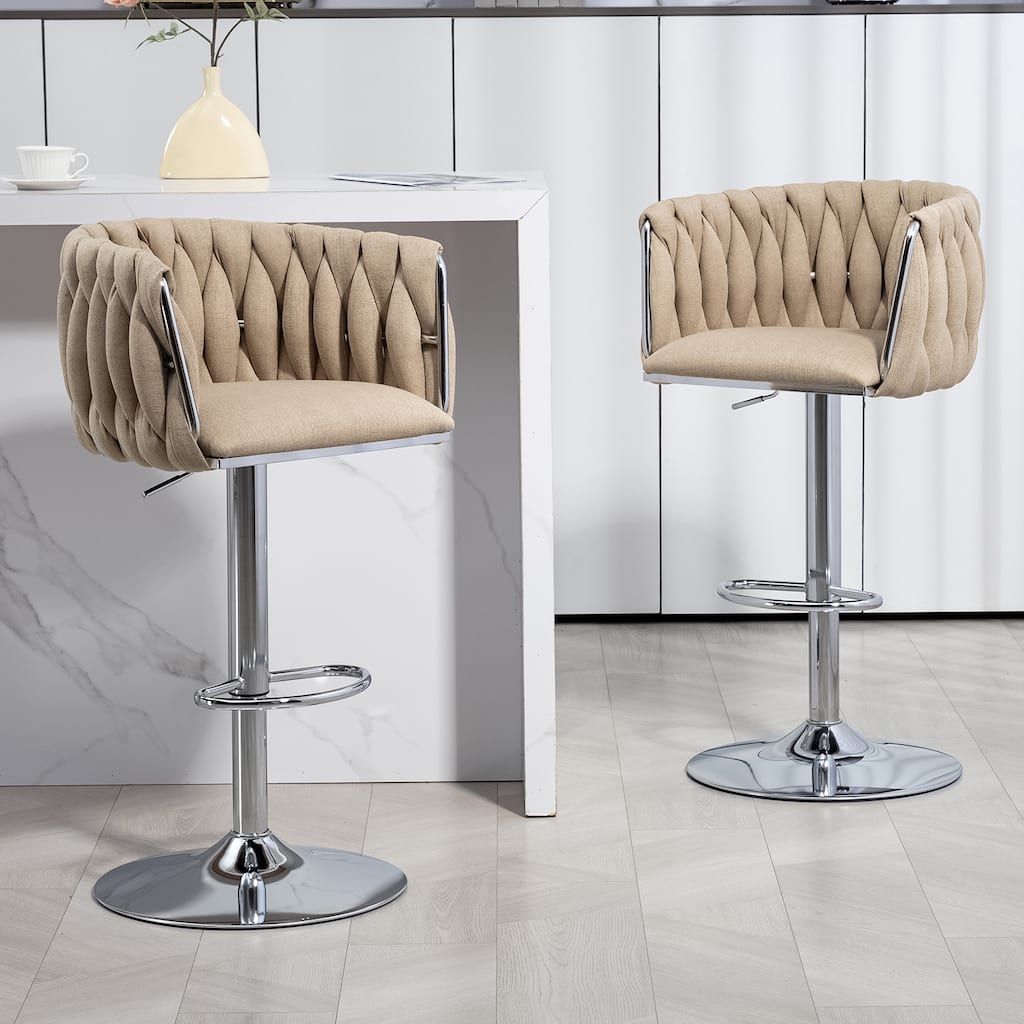360° Fabric cover Swivel Bar Stools Set of 2, Adjustable Counter Height Bar Chairs with Woven Back & Footrest, Silver c