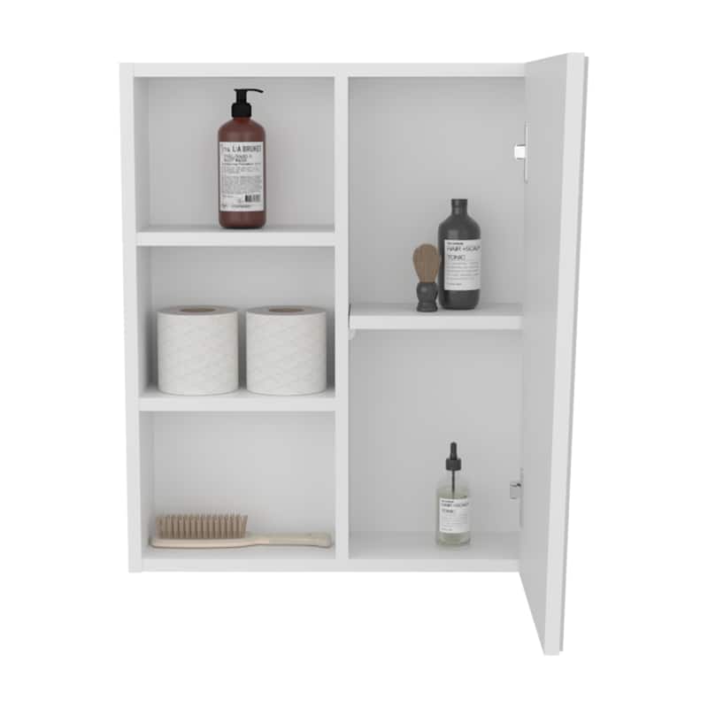 Quintana Wall-Mounted Mirror Medicine Cabinet With One Door And Four Open Compartments, White