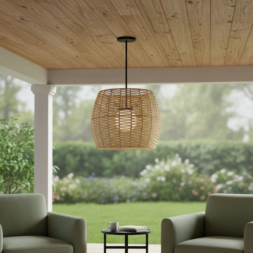 HomeRoots Natural And Black Rattan And Metal LED Dimmable Barrel Outdoor Hanging Pendent Light - 24.00' X '20.00' X '24.00