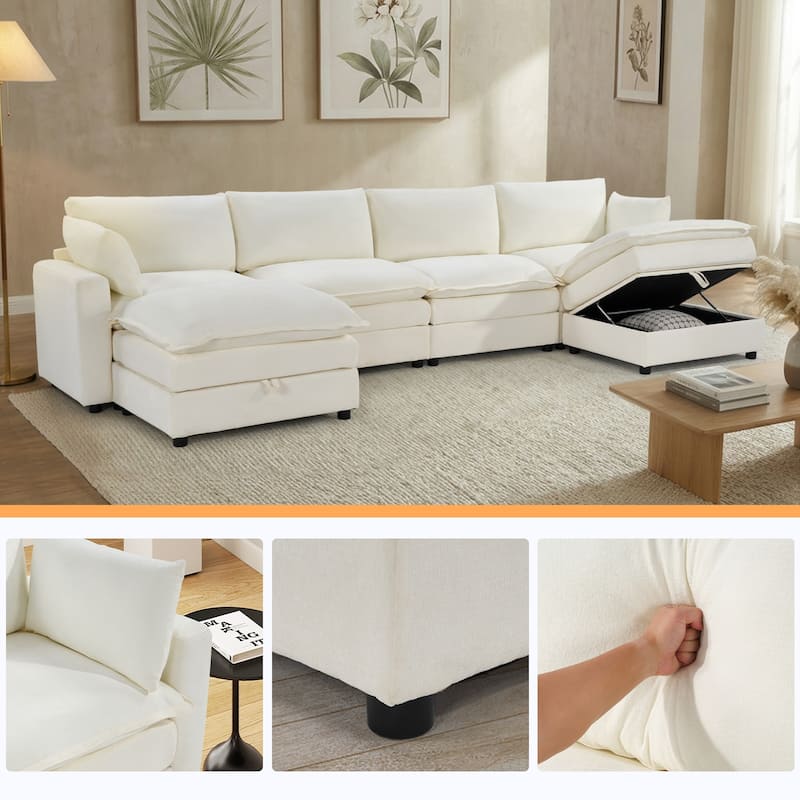 Modular Sectional Sofa for Living Room, U-Shaped Sofa Couch with Corduroy Fabric, 3/4 Seat Oversized Couch with Movable Ottoman