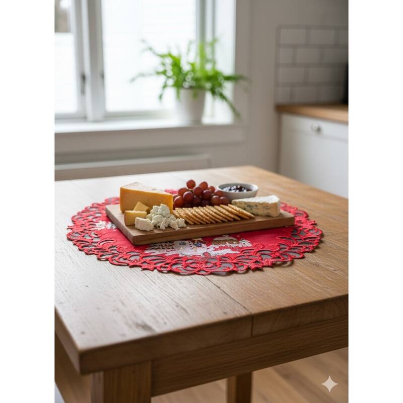 Snow Man Embroidered Cutwork Round Placemat, 15-Inch diameter