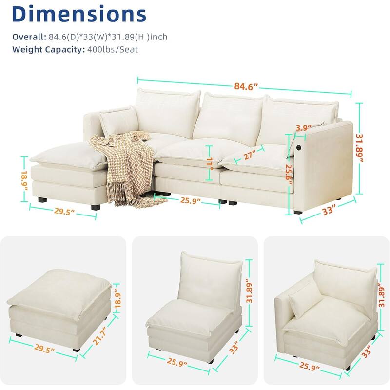 Modular Sectional Sofa L Shaped Couch, 3/4 Seat Sofa Set with Ottoman, Chenille Fabric