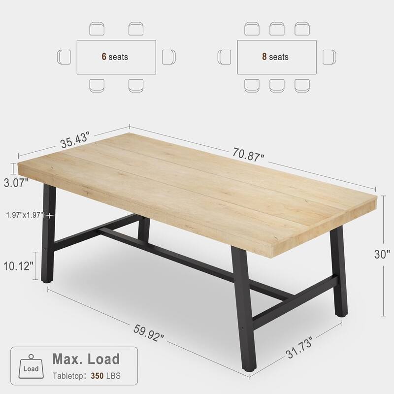 70.87 Long Dining Table for 6-8 People, Rustic Wood Kitchen Table with Metal Legs - Natural