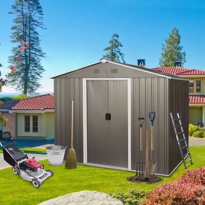 6ft x 8ft Outdoor Metal Storage Shed with Floor Base,Gray for Backyard, Patio, Lawn