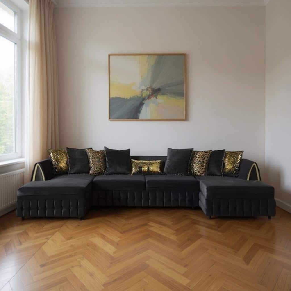 HomeRoots Black Velvet U Shaped Sofa and Chaise Sectional With Toss Pillows