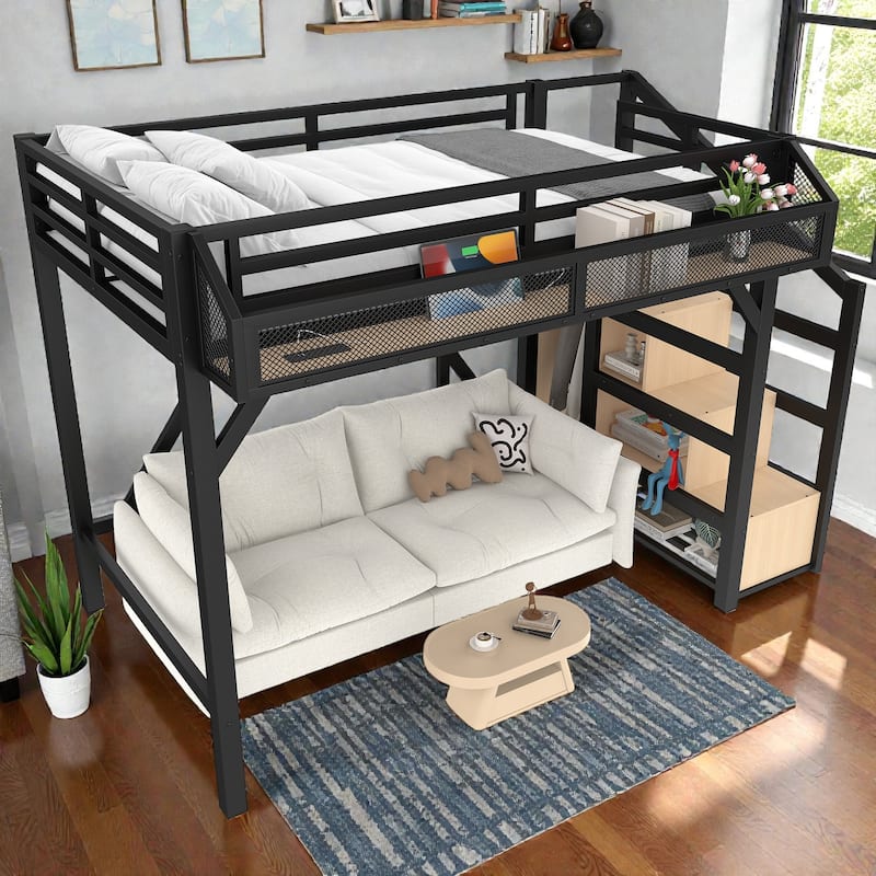 Metal Loft Bed with Storage Stairs, Wardrobe and Shelves, USB Ports and LED Lights, Noise Reduced Frame