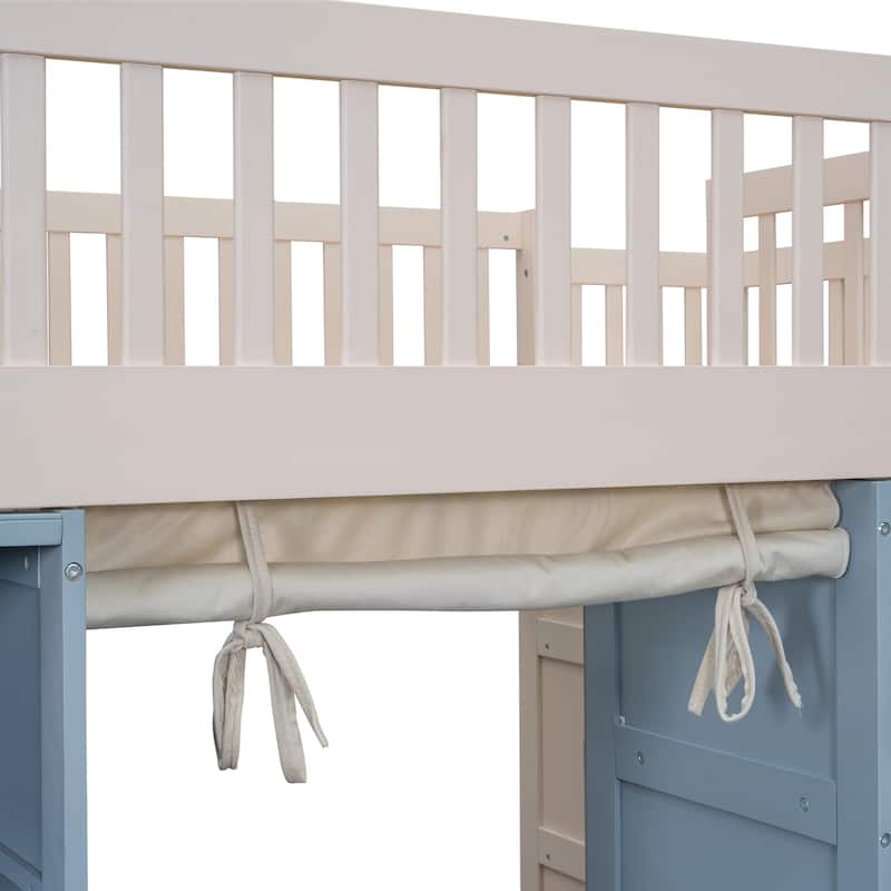 Full Size Loft Bed With 2 Four-Layer Storage Cabinets And Curtain,White+Blue
