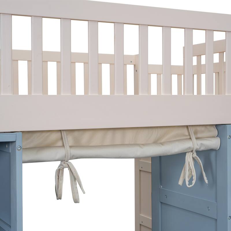 Full Size Loft Bed with Storage Staircase, 2 Cabinets, Blackout Curtain, and Space-Saving Design, White & Blue