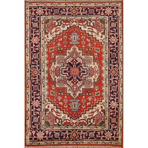 Geometric Traditional Heriz Serapi Area Rug Wool Hand-knotted Carpet - 4'0" x 5'10"