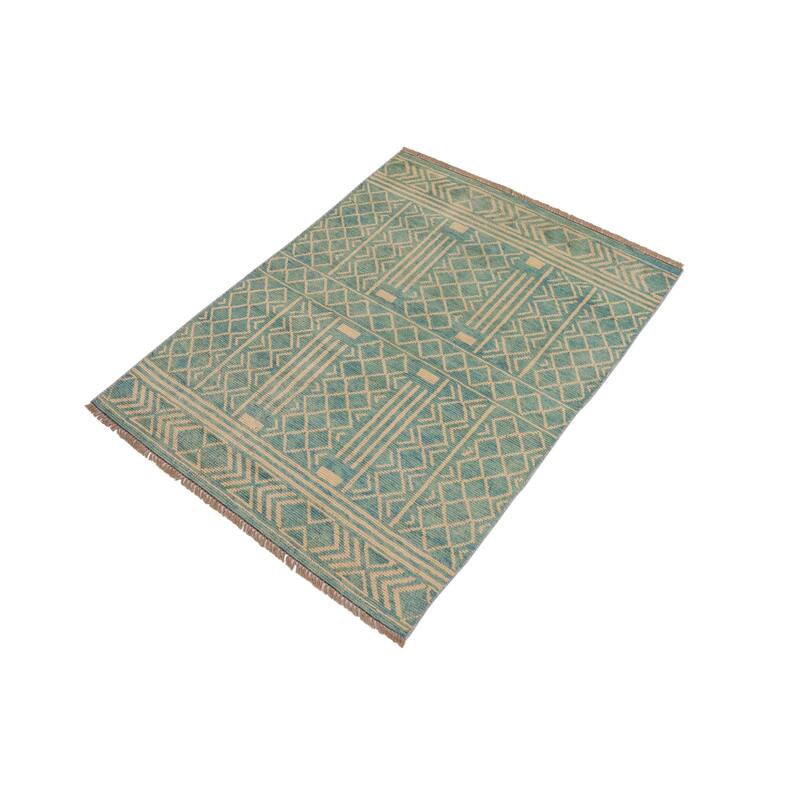 Boho Chic Balochi Ferguson Blue/Beige Hand Knotted Wool Rug - 3'2'' x 5'1''