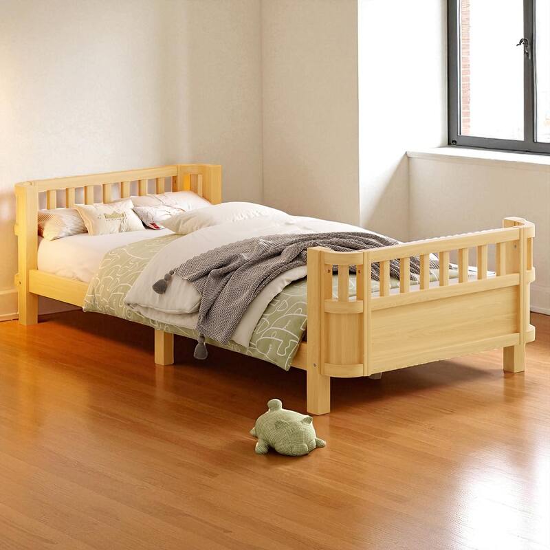 Wood Platform Bed with Guardrails & Detachable Fence, Twin/Full/Twin XL/Queen Size Kids Bed, Safety Design, No Box Spring - Natural - Twin XL