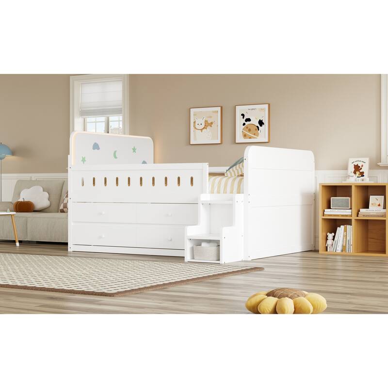 GDFStudio - Wooden Bed with Storage Drawers, Ladder Shelves and LED