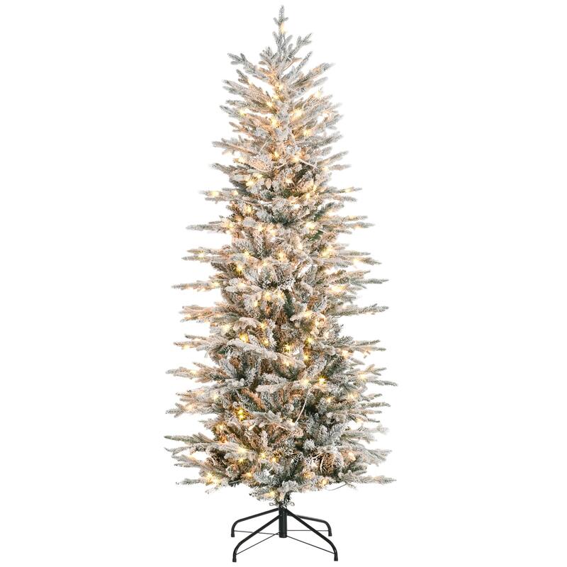 HOMCOM Pre-Lit Artificial Christmas Tree - Snow Flocked Branches, Warm Yellow Lights, Auto Open, Extra Bulb - Green