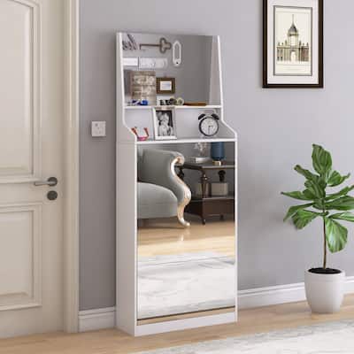 Stylish Shoe Cabinet with Mirrors, Double Layer Storage