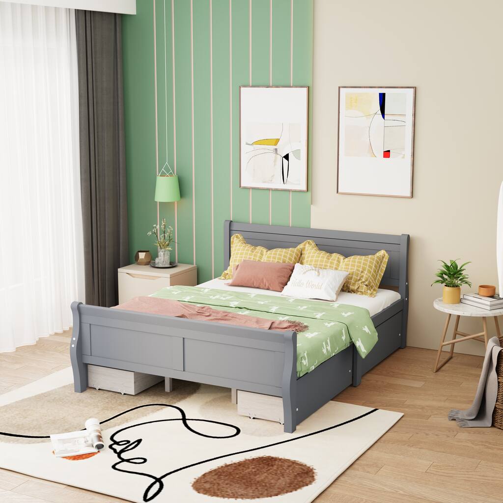 Queen Size Wood Platform Bed with 4 Drawers and Streamlined Headboard & Footboard