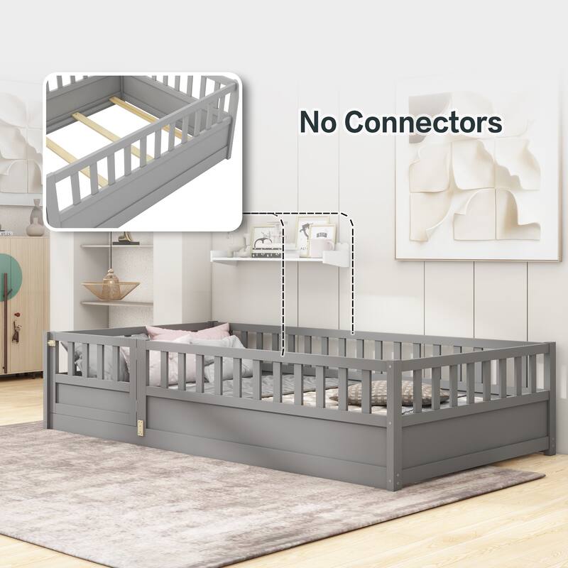 Children's Twin Floor Bed with Safety Guardrails & Door, Montessori Wooden Bed Frame for Bedroom Play Area