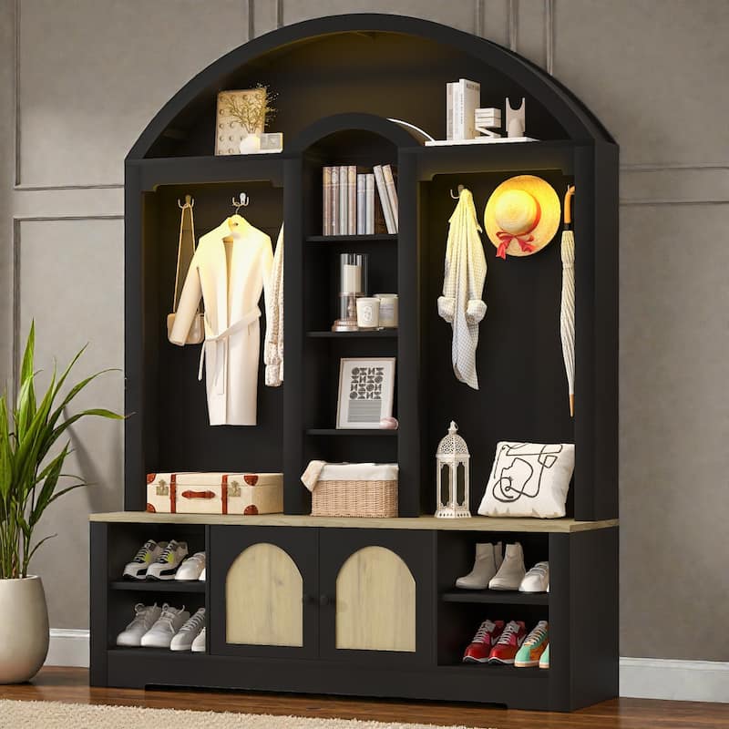 Modern Hall Tree Entryway Wardrobe with Shoe Storage. Coat Hooks. Shelves. Cabinets. USB LED Light - Black