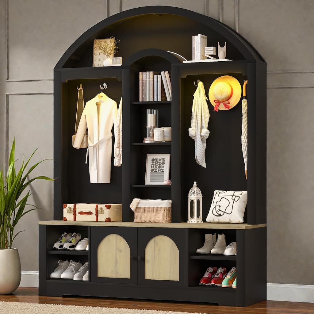 Modern Hall Tree Entryway Wardrobe with Shoe Storage. Coat Hooks. Shelves. Cabinets. USB LED Light
