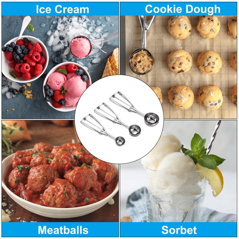 Ice Cream Scoop Set, 3Pcs 1oz/2oz/3oz Portion Cookie Scoop with Trigger, Silver