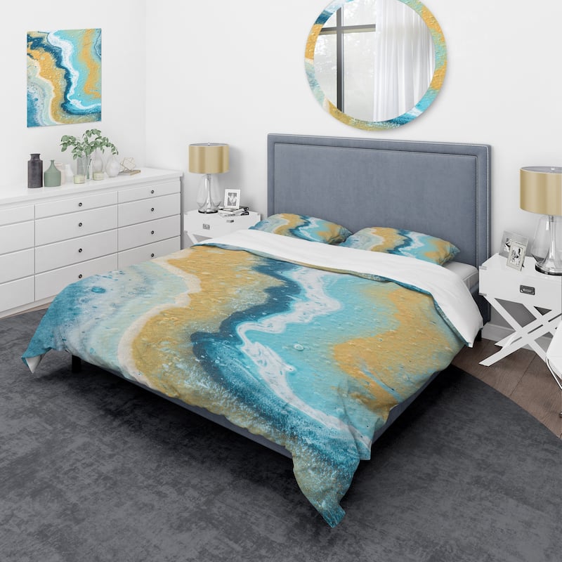 Designart 'Abstract Marble Composition In Yellow and Blue III' Modern Duvet Cover Set