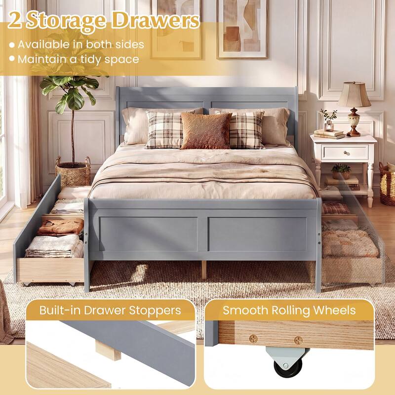 Costway Twin Size Bed Frame with 2 Storage Drawers Wood Platform Bed