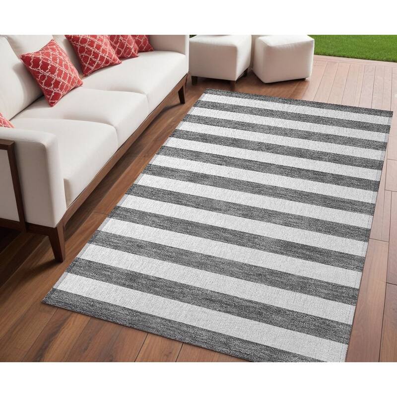 Dane Stripe Weather Resistant Classic Meets Modern Outdoor Rug - 5' X 8' - Charcoal