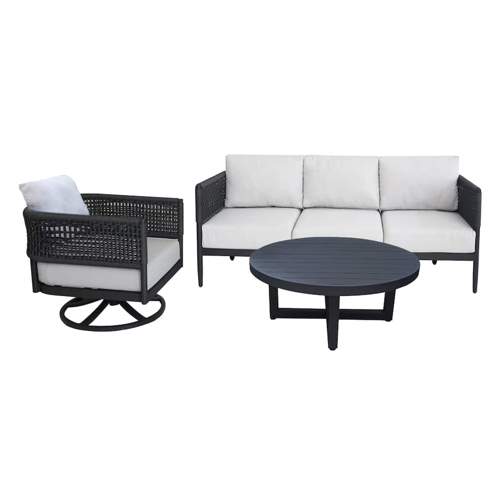 Outdoor 3 Piece Woven Abaca Rope Patio Furniture Set Including the Sofa, Coffee Table, and Swivel Rocking Chair