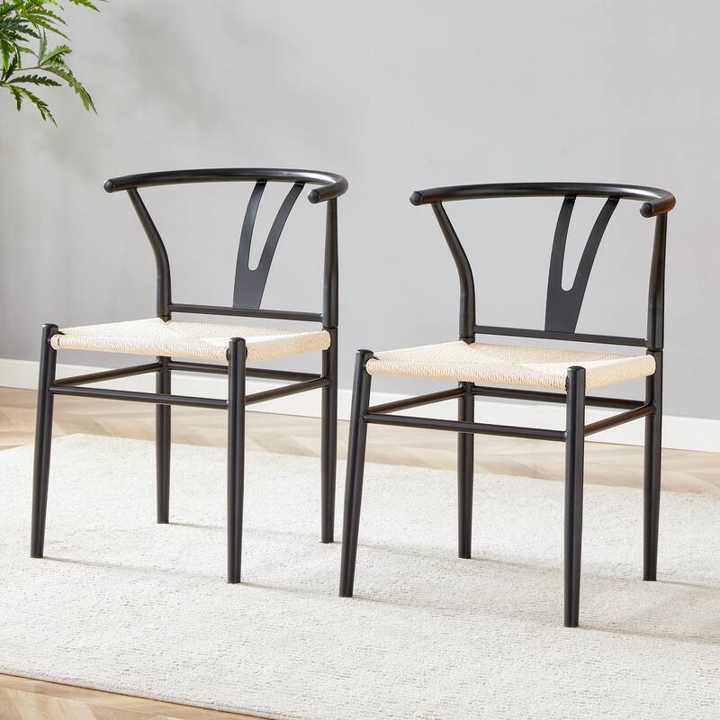 Y-shaped Medieval Style Armchair for Dining Table, Woven Seat (Set of 4)