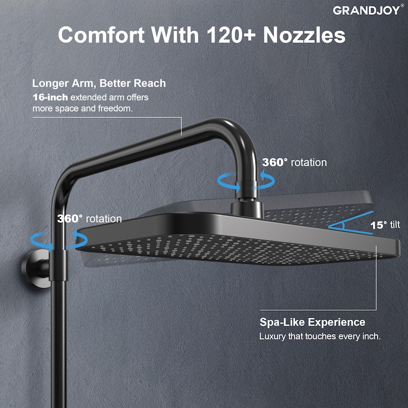 GRANDJOY 12" Rainfall Shower Head 3-Function Shower System with Adjustable Handheld Spray