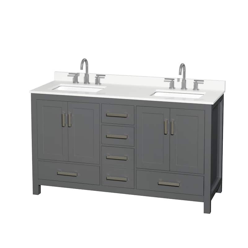 Sheffield 60-inch Double Vanity, 3 Hole Quartz Top - Dark Gray, Chrome Trim, White Quartz Top