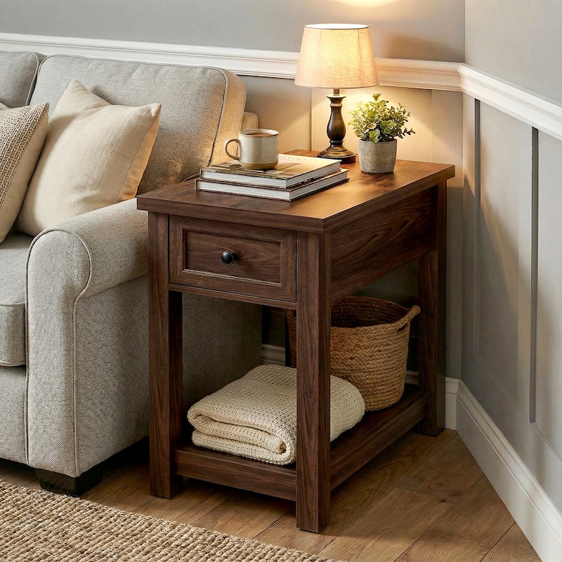 Farmhouse End Table with Wood Drawers and Charging Station, Sofa Side Table, Nightstand